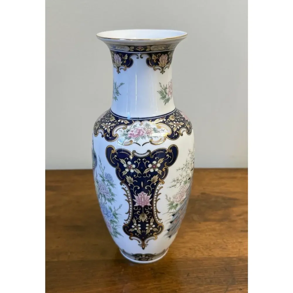 Vintage Japan Porcelain Peacock Floral Vase Cobalt Blue Gold Gilt 10.625